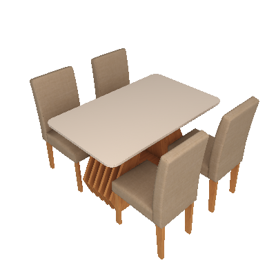 Conjunto de Mesa de Jantar Retangular com Tampo de Vidro Off White Agata e 4 Cadeiras Maia Linho Gengibre e Nature