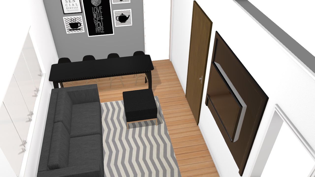Sala bancada preta cadeiras e painel madeira 