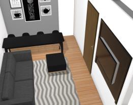 Sala bancada preta cadeiras e painel madeira 