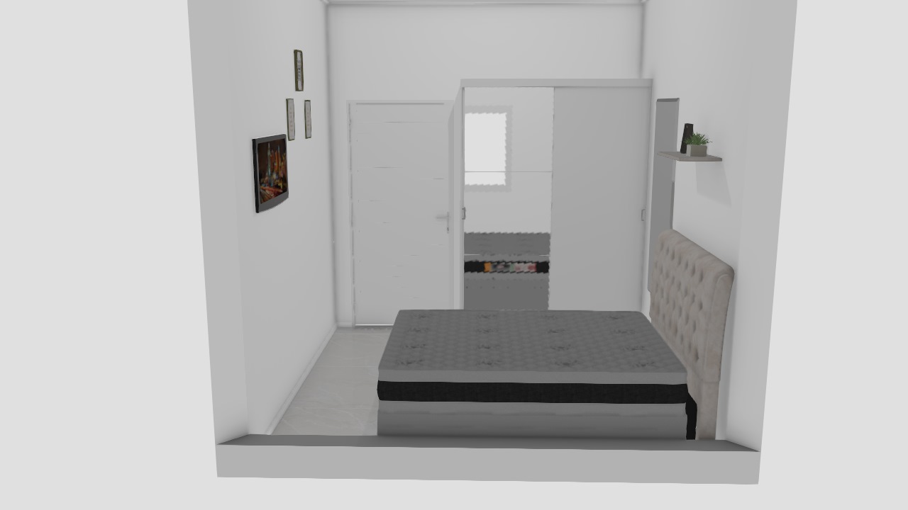 Quarto com a cama virada, ropeiro e tv