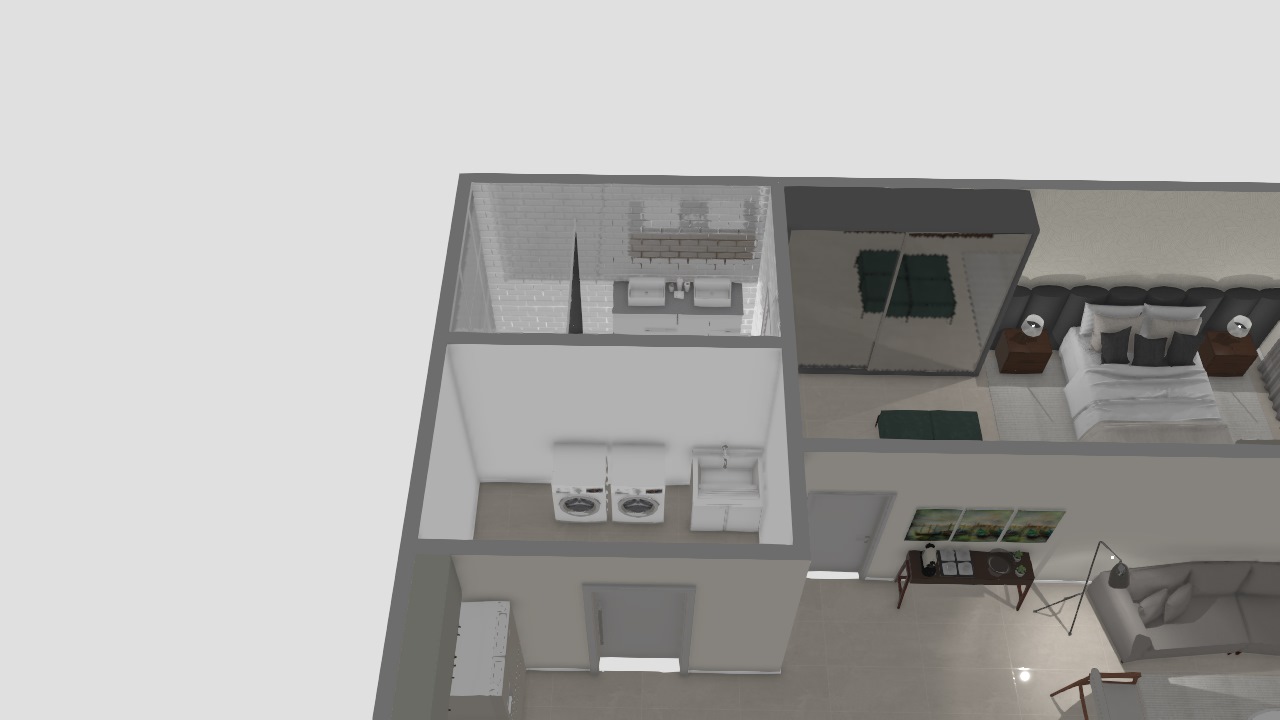 Casa moderna com 2 quartos, sendo 1 suíte, 1 quarto/escritório, 1 banheiro social, 1 cozinha grande, 1 sala de estar e uma lavanderia.