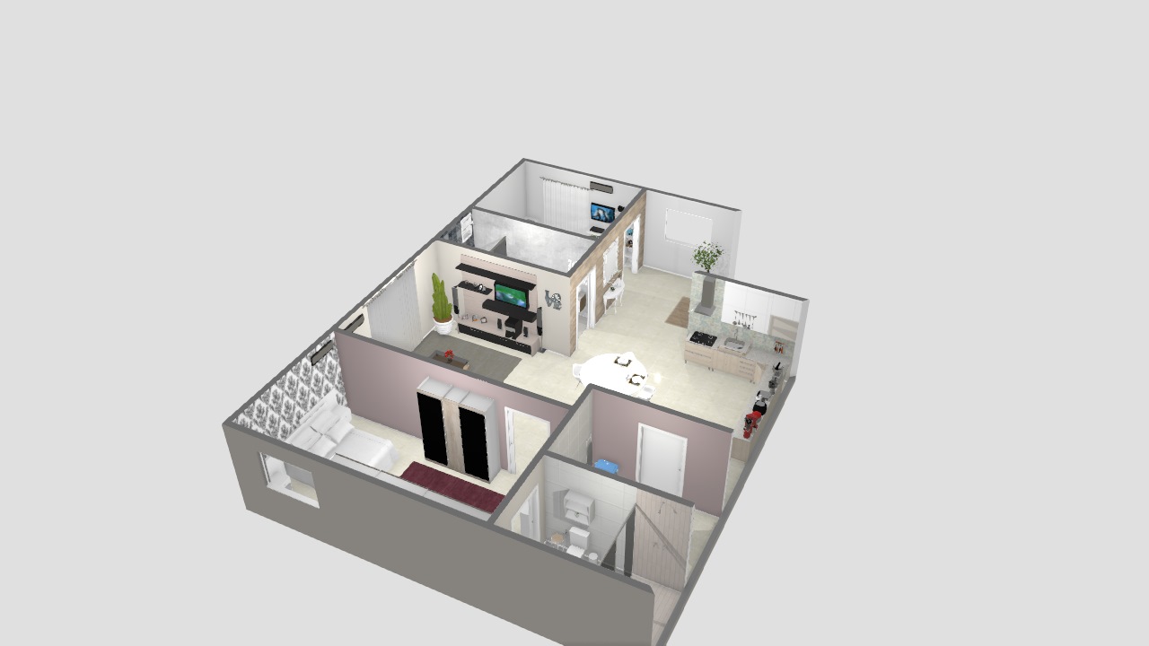 Casa moderna com 2 quartos, sendo 1 suíte, 1 quarto/escritório, 1 banheiro social, 1 cozinha grande, 1 sala de estar e uma lavanderia.